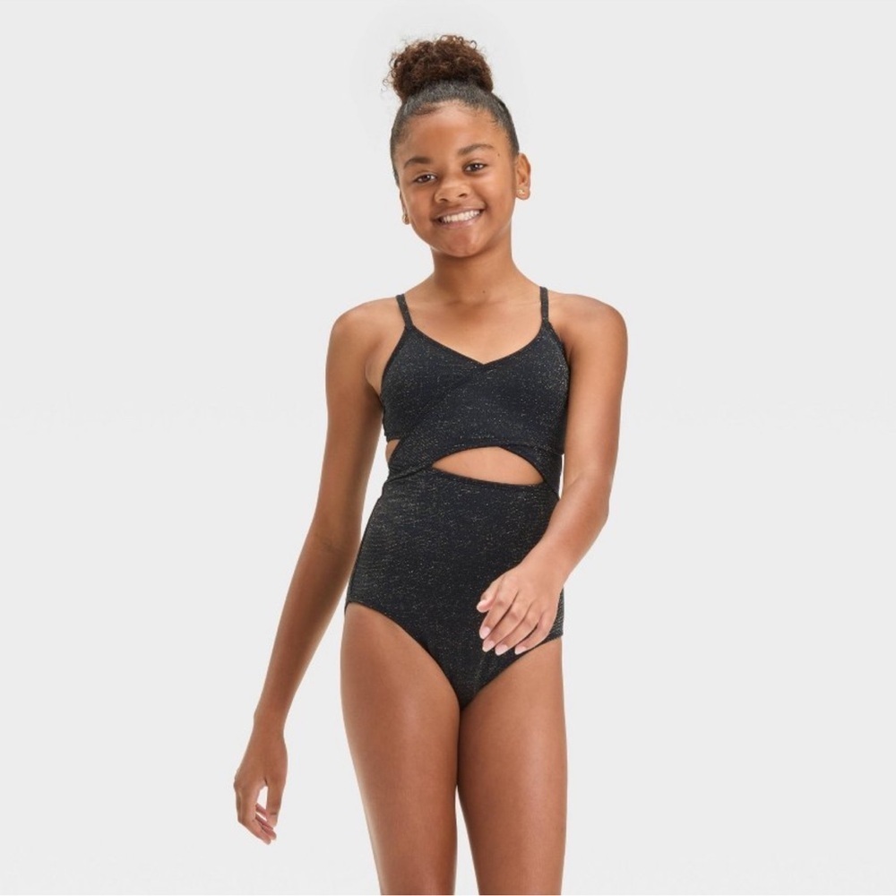 NWT Art & Class Girl One Piece Black Glitter Swimsuit M (8)